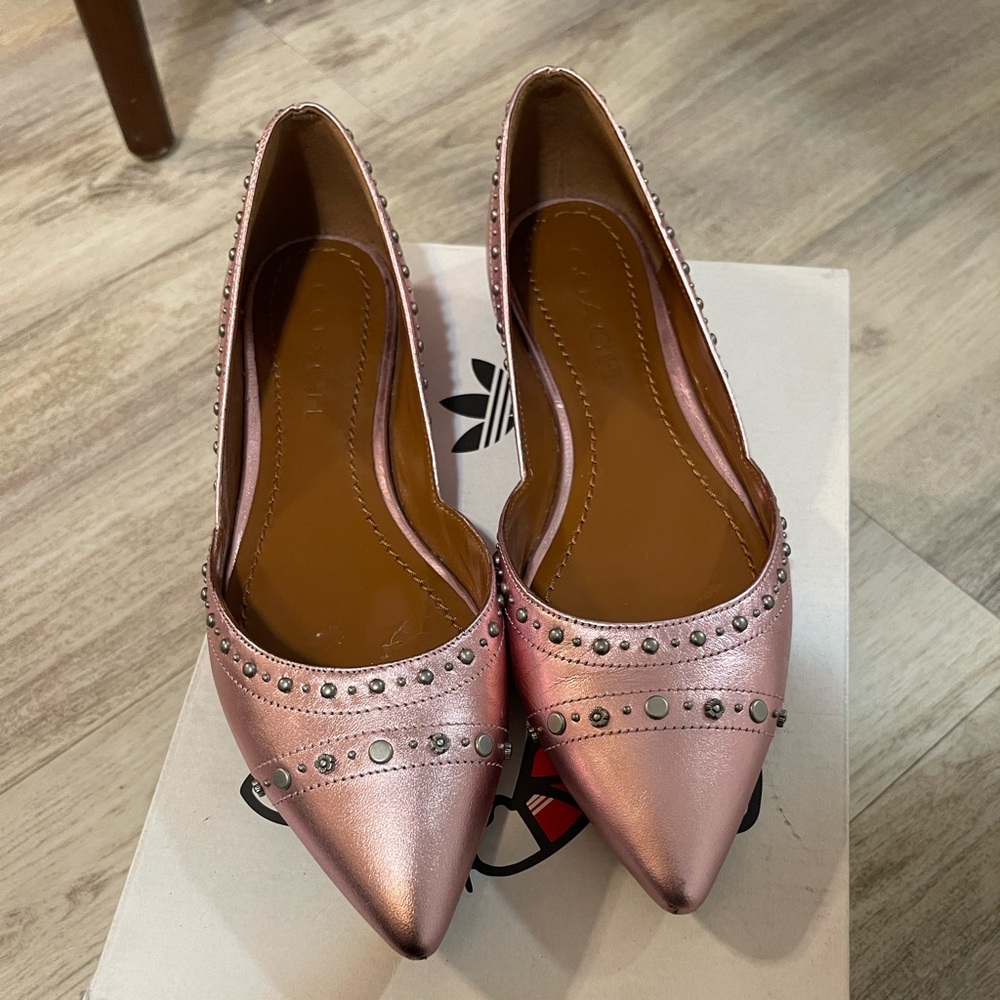 Coach Valintina Pointed Toe Flat with studs in metallic pink leather